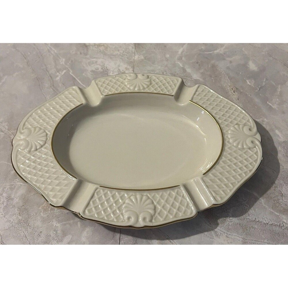 Vtg Lenox Aegean Riviera Oval Ashtray Seashells and Lattice Pattern w/Gold Trim
